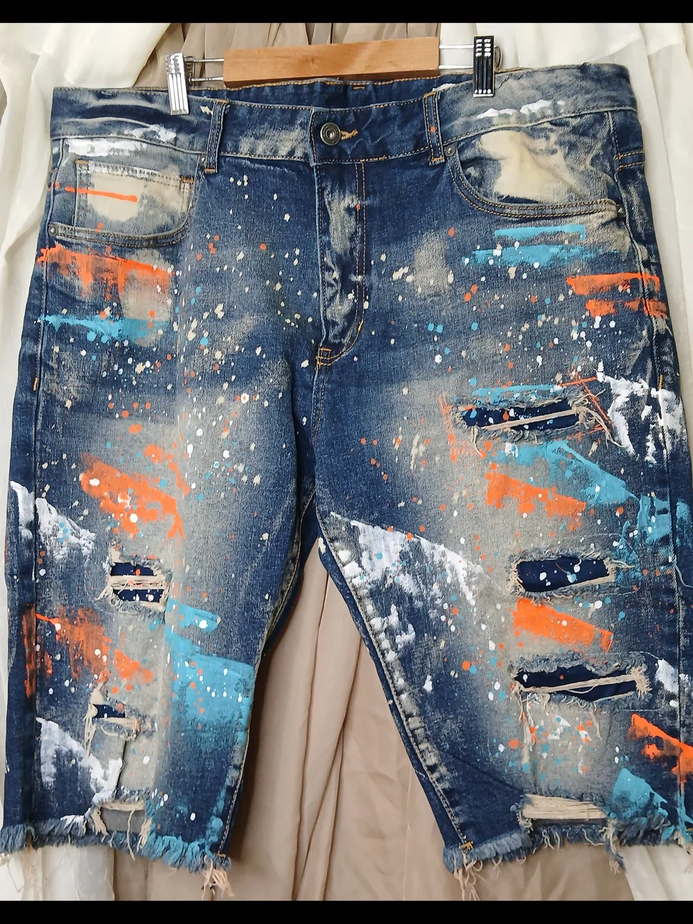 Slim Straight Men's Paint-Splatter Denim Jeans - Blue with Orange & Teal Accents